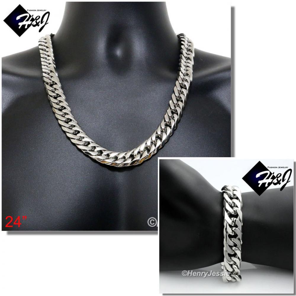24"MEN Stainless Steel HEAVY WIDE 16x5mm Silver Cuban Curb Chain Necklace Bracelet SET