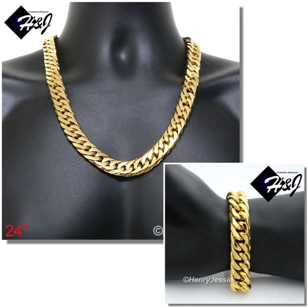 24"MEN Stainless Steel HEAVY WIDE 16x5mm Gold Cuban Curb Chain Necklace Bracelet SET