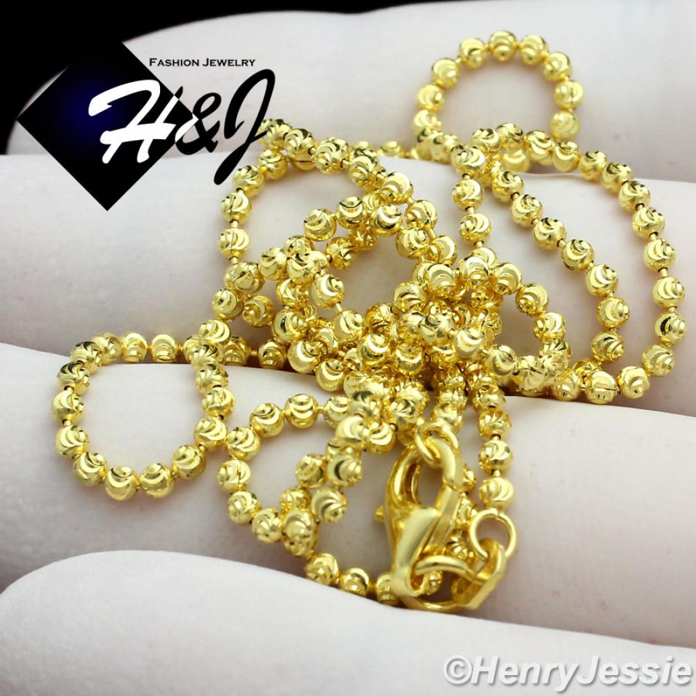 16"18"20"22"24"26"28"30"MEN WOMEN 925 STERLING SILVER 1.5MM GOLD MOON CUT BEADED CHAIN NECKLACE*SN7