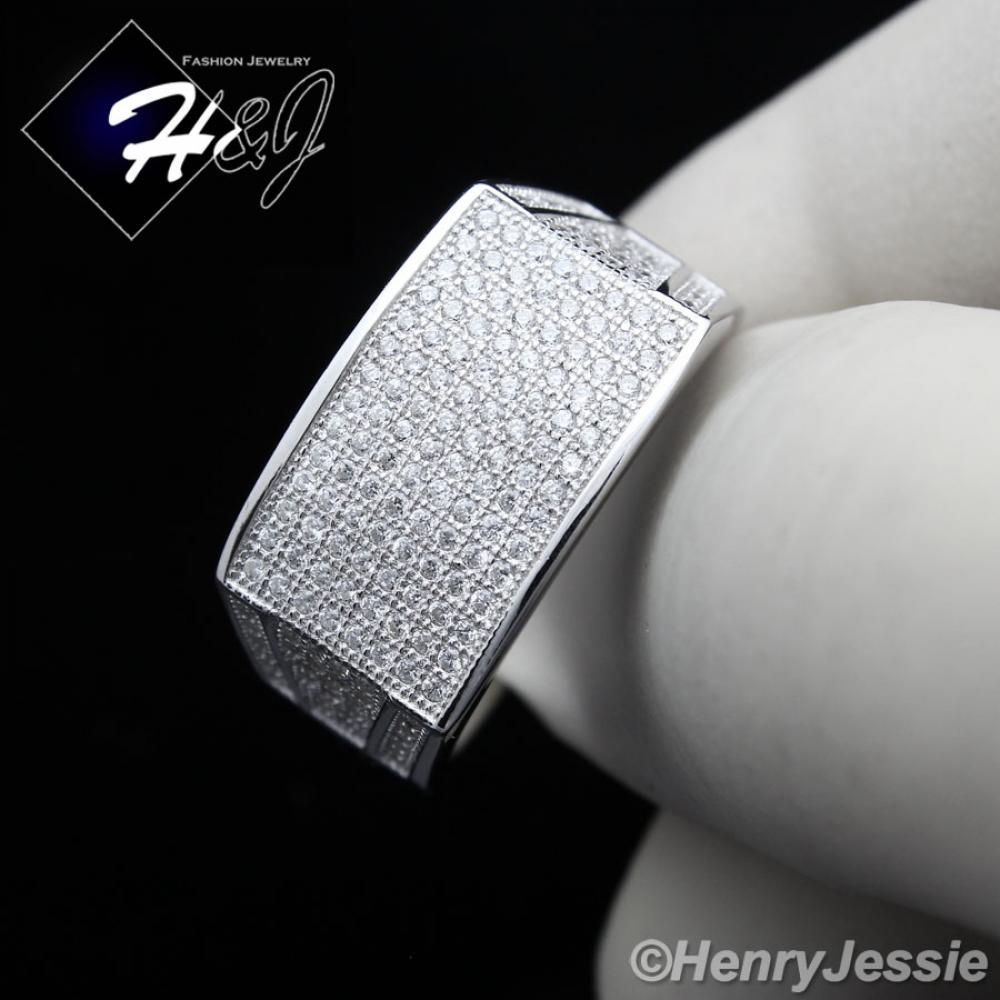 MEN SOLID 925 STERLING SILVER ICY BLING CZ RECTANGLE RING*SR1