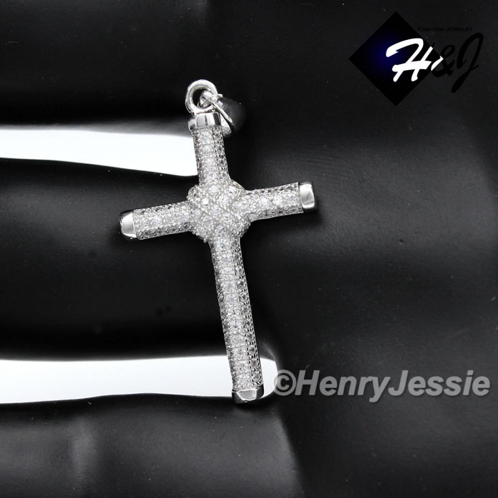 MEN WOMEN SOLID 925 STERLING SILVER ICY BLING CZ CROSS PENDANT*SP13