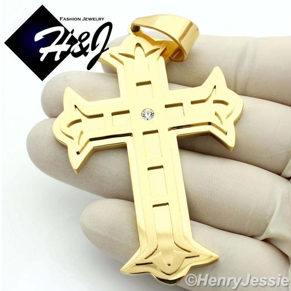 MEN's Stainless Steel OVERSIZE Gold CZ Stone Layover Cross Charm Pendant*GL5