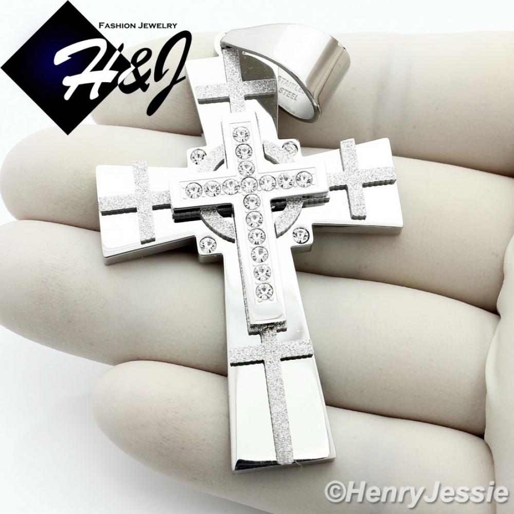 MEN Stainless Steel Silver Matte Glitter Finished CZ Stone Cross Charm Pendant*N7
