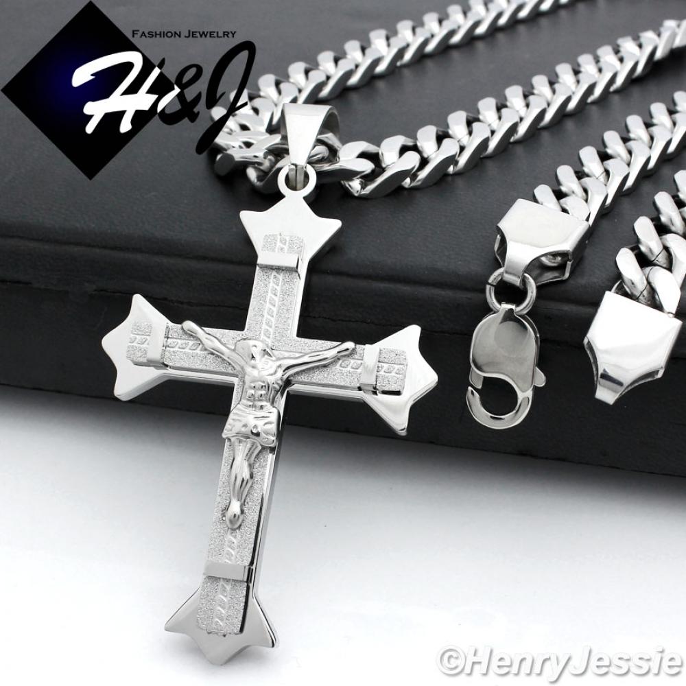 24"MEN Stainless Steel 9x4mm Silver Cuban Curb Chain Necklace Jesus Christ Cross Crucifix Pendant*MJ28