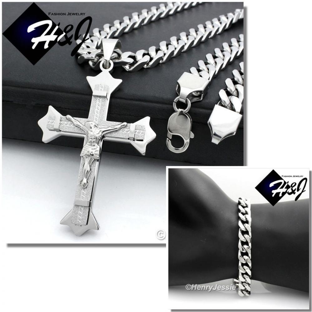 24"MEN Stainless Steel 9x4mm Silver Cuban Curb Chain Necklace Bracelet Jesus Christ Cross Crucifix Pendant*MJ28