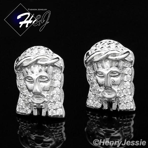 MEN WOMEN 925 STERLING SILVER 8X12MM ICED OUT BLING JESUS FACE STUD EARRING*E55