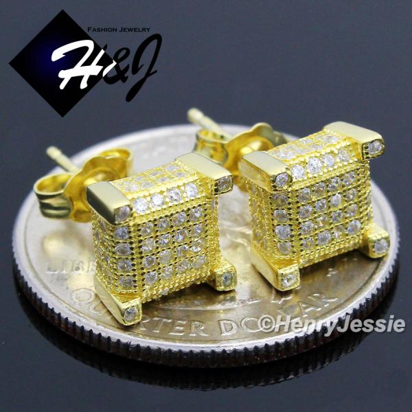 MEN WOMEN 925 STERLING SILVER SQUARE 7MM LAB DIAMOND ICED BLING GOLD STUD EARRING*E90