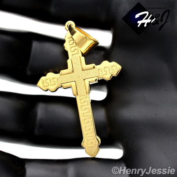 MEN Stainless Steel Gold Matte Glitter Finished Greek Key Design Cross Charm Pendant*GK4