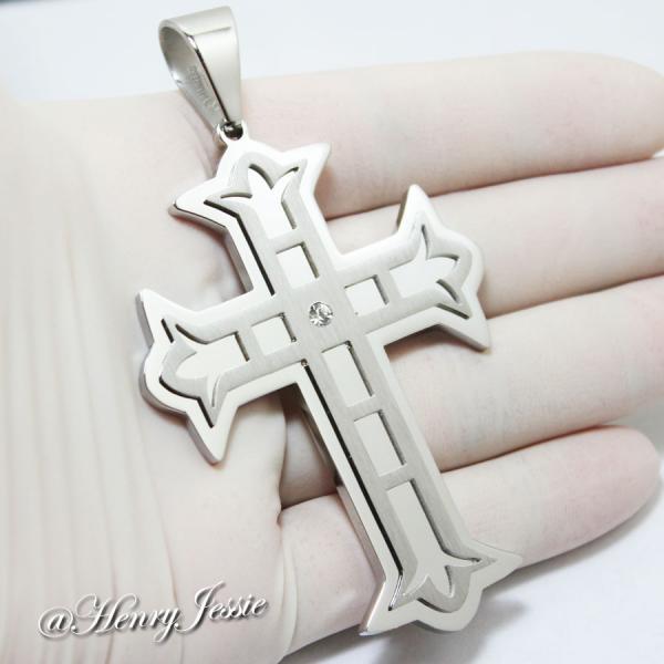 MEN's Stainless Steel OVERSIZE Silver CZ Stone Layover Cross Charm Pendant*L5