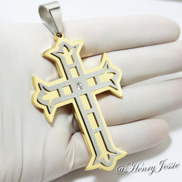 MEN's Stainless Steel OVERSIZE Gold/Silver CZ Stone Layover Cross Charm Pendant*GL5