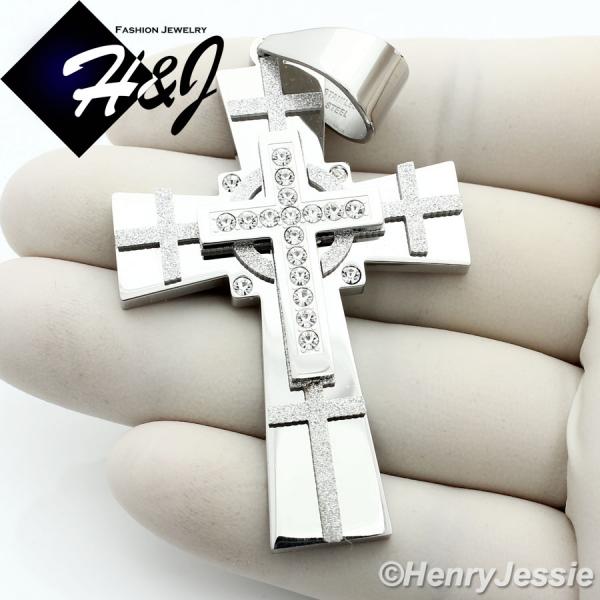 MEN Stainless Steel Silver Matte Glitter Finished CZ Stone Cross Charm Pendant*N7