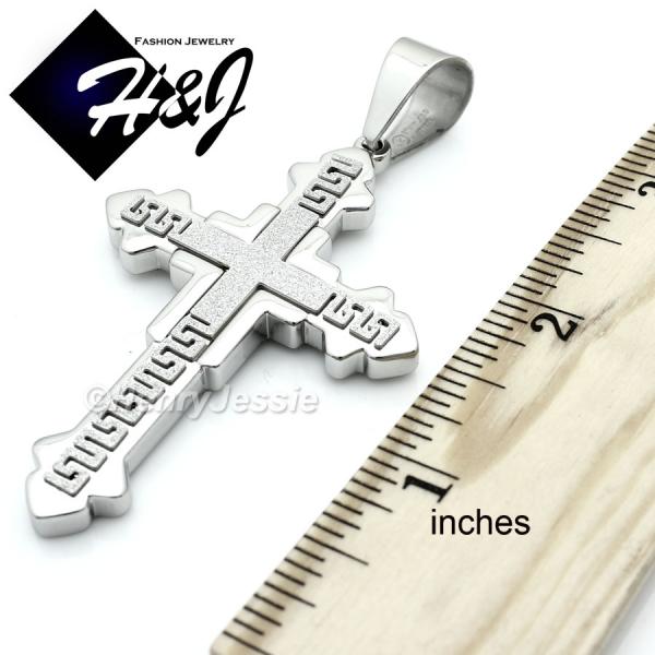 MEN Stainless Steel Silver Matte Glitter Finished Greek Key Design Cross Charm Pendant*K20