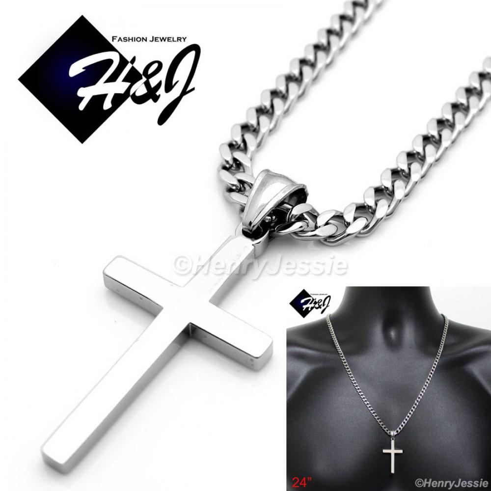 24"MEN Stainless Steel 5mm Silver Cuban Curb Link Chain Necklace Simple Plain Cross Pendant*SP