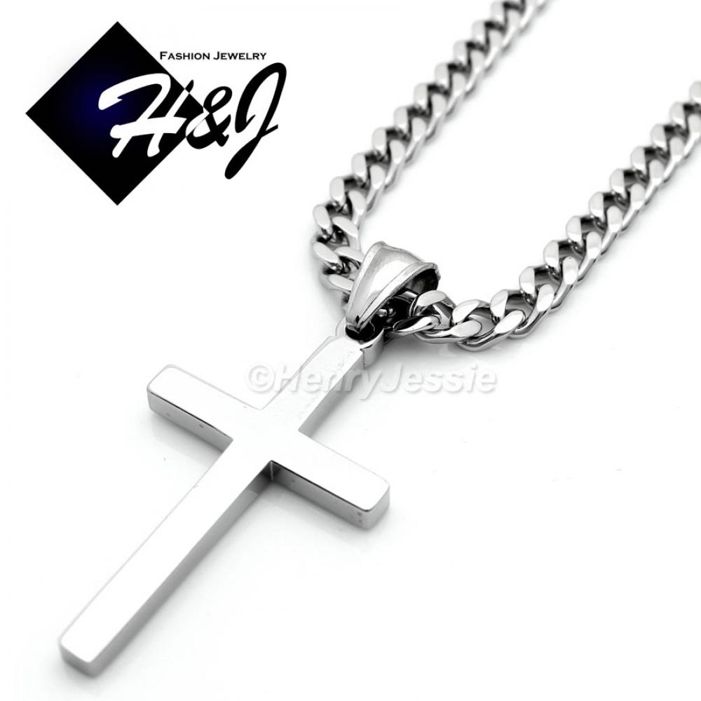 18"-36"MEN Stainless Steel 5mm Silver Cuban Curb Link Chain Necklace Simple Plain Cross Pendant*SP