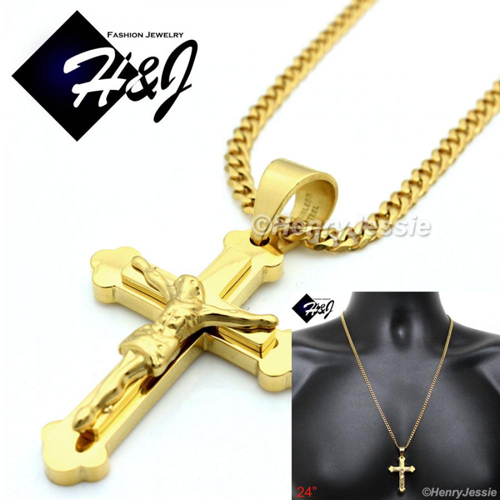 24"MEN Stainless Steel 3mm Gold Cuban Curb Link Chain Necklace Jesus Christ Cross Crucifix Pendant*GJ2