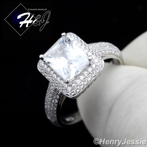 WOMEN 925 STERLING SILVER ICED BLING ROUND CLEAR CZ RECTANGLE ENGAGEMENT RING SIZE 6-9*SR18