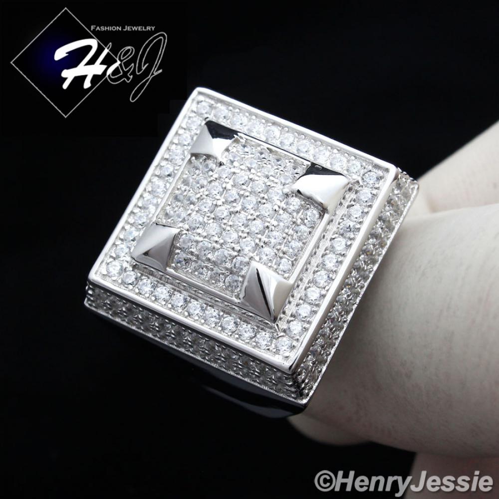 MEN 925 STERLING SILVER LAB DIAMOND SQUARE ICED BLING RING*SR33