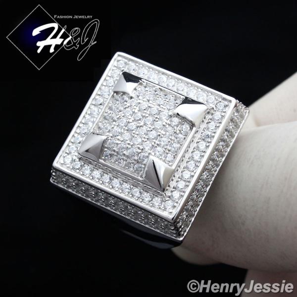 MEN 925 STERLING SILVER LAB DIAMOND SQUARE ICED BLING RING*SR33