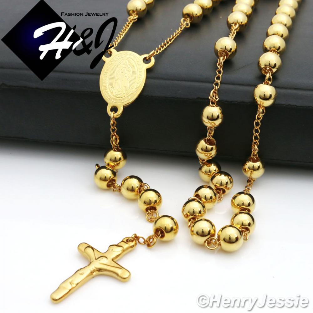 30+5"MEN Stainless Steel HEAVY 8mm Gold Beads Virgin Mary Rosary Necklace*RN10