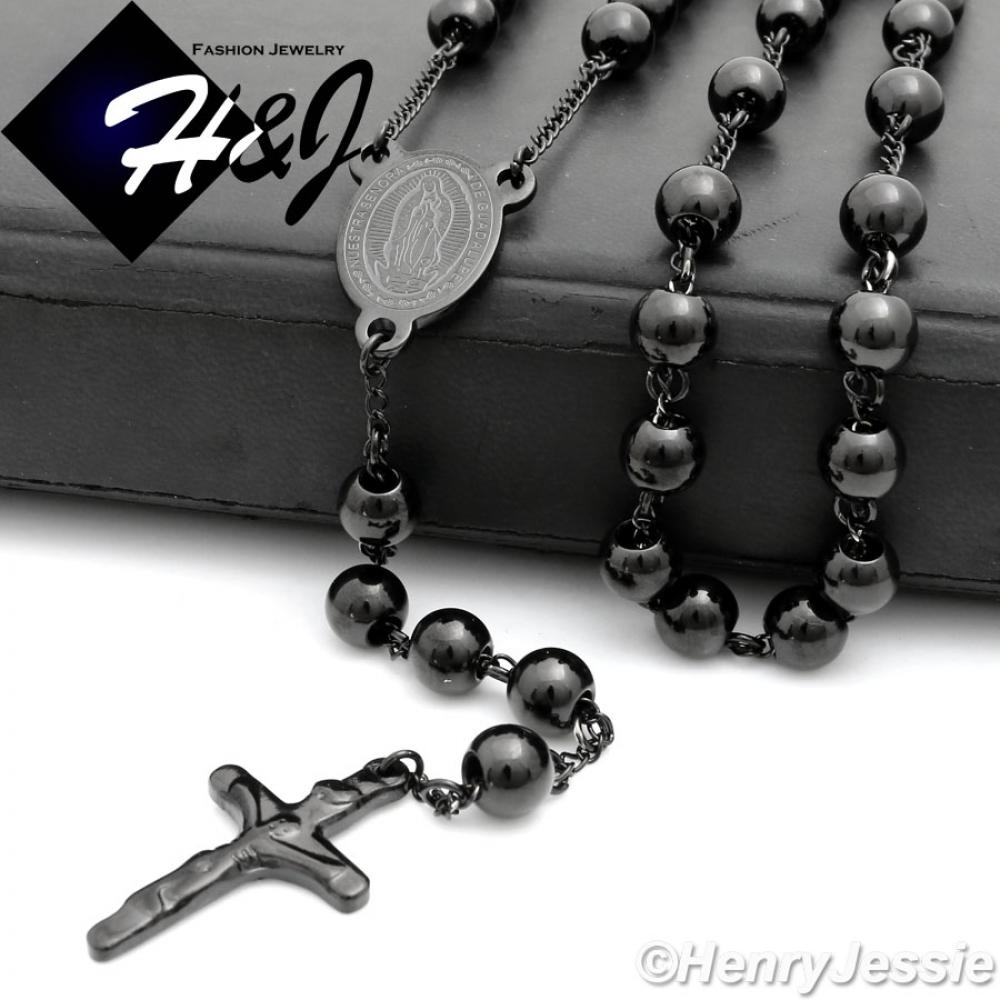 30+5"MEN Stainless Steel HEAVY 8mm Black Beads Virgin Mary Rosary Necklace*RN10