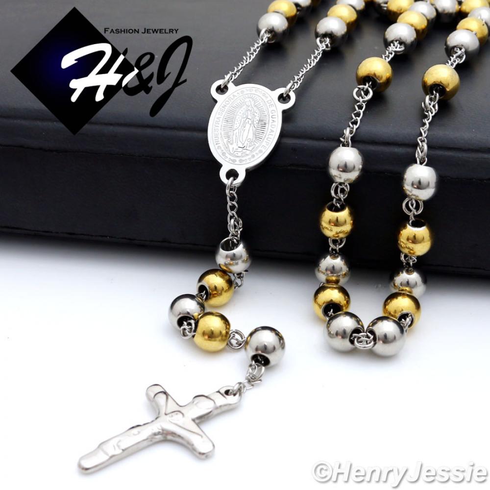 30+5"MEN Stainless Steel HEAVY 8mm Gold/Silver 2-Tone Beads Virgin Mary Rosary Necklace*RN10