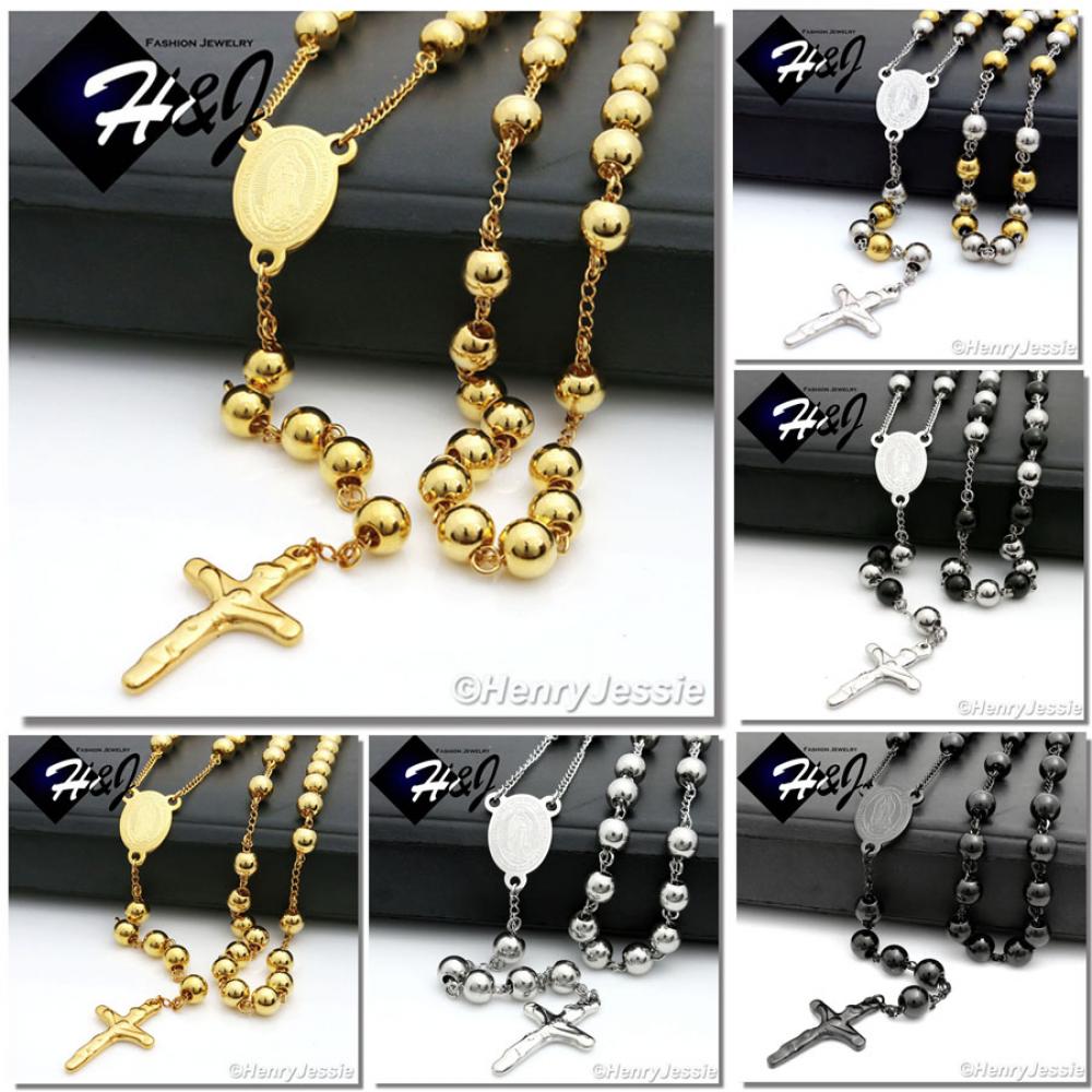 30+5"MEN Stainless Steel HEAVY 8mm Silver/Gold/Black Beads Virgin Mary Rosary Necklace*RN10