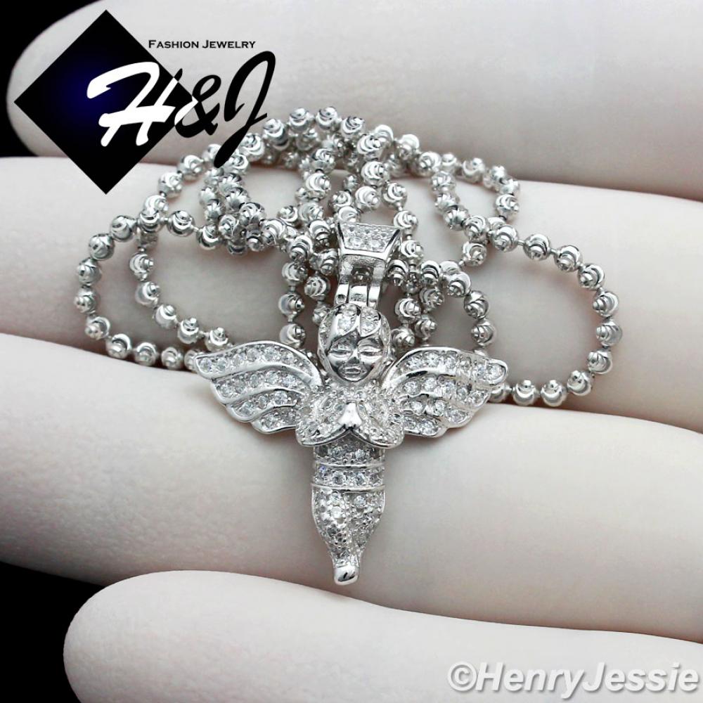 18"20"22"24"26"28"30"925 STERLING SILVER 2MM SILVER MOON CUT BEAD CHAIN NECKLACE 3D LITTLE ANGEL PENDANT*SP106