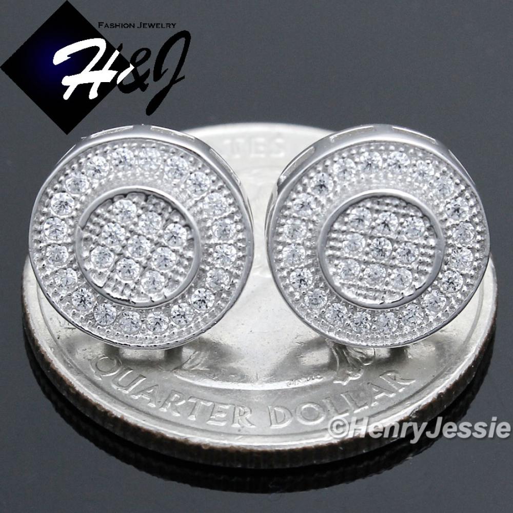 MEN 925 STERLING SILVER 11MM ROUND LAB DIAMOND ICED BLING PUSH BACK STUD EARRING*E58