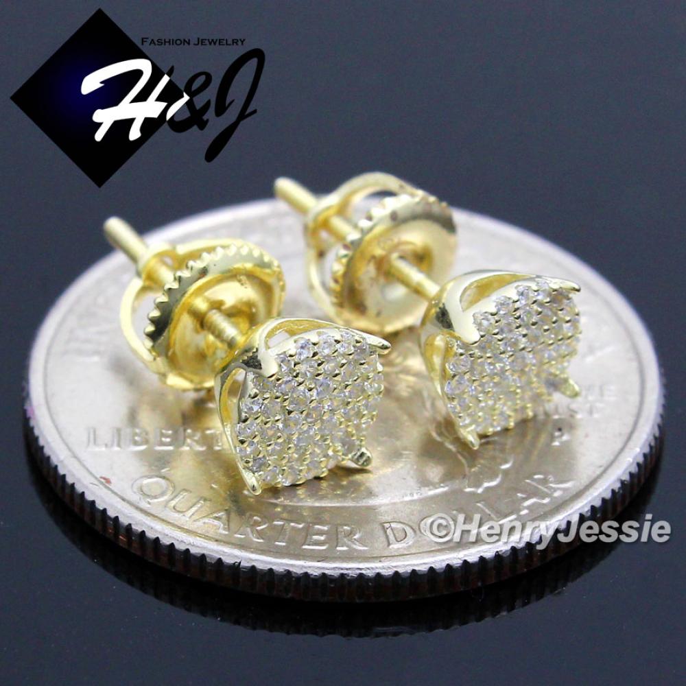 MEN WOMEN 925 STERLING SILVER ROUND 6MM LAB DIAMOND ICED BLING SCREW BACK GOLD STUD EARRING*GE66