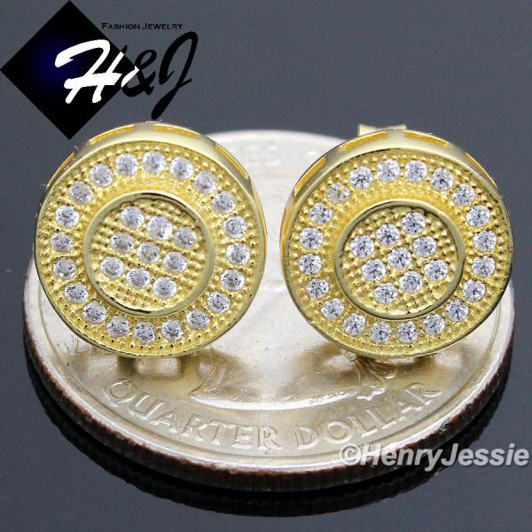 MEN 925 STERLING SILVER 11MM ROUND LAB DIAMOND ICED BLING PUSH BACK GOLD STUD EARRING*GE59