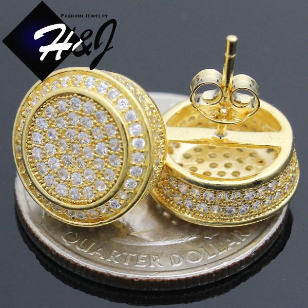 MEN 925 STERLING SILVER 13MM ROUND LAB DIAMOND ICED BLING PUSH BACK GOLD STUD EARRING*GE62