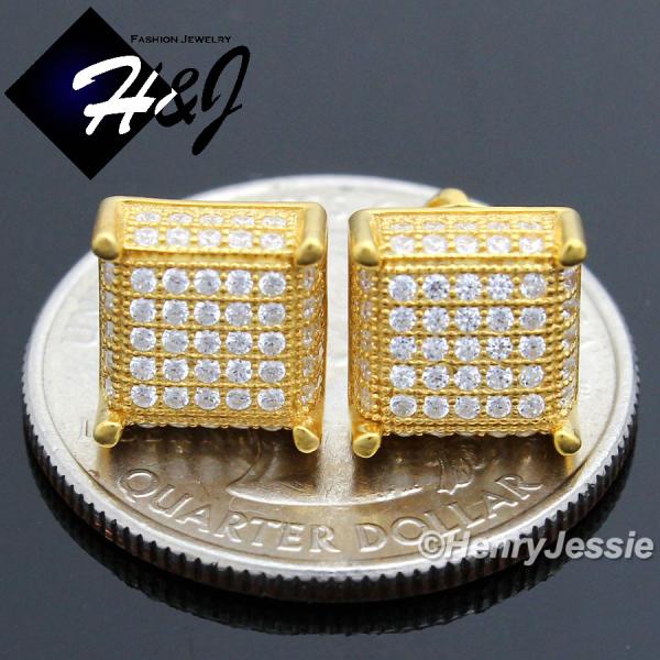 MEN 925 STERLING SILVER 9MM SQUARE LAB DIAMOND ICED BLING SCREW BACK GOLD STUD EARRING*GE63