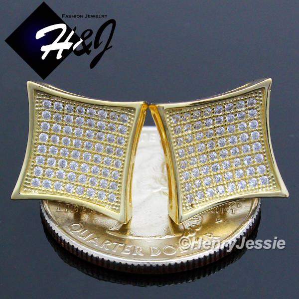 MEN 925 STERLING SILVER 12MM SQUARE LAB DIAMOND ICED BLING SCREW BACK GOLD STUD EARRING*GE73