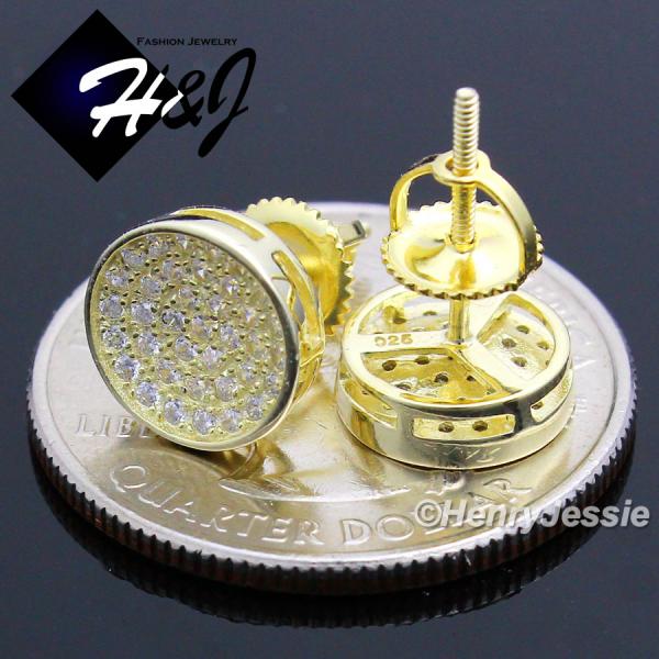 MEN 925 STERLING SILVER ROUND 9MM LAB DIAMOND ICED BLING SCREW BACK GOLD STUD EARRING*GE74