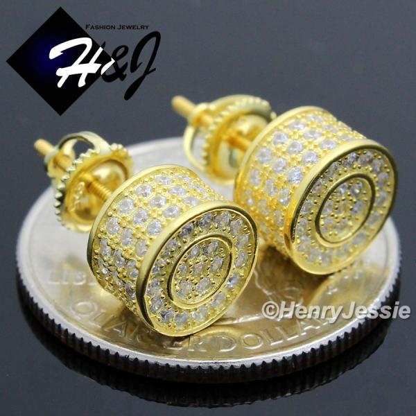MEN 925 STERLING SILVER ROUND 9MM LAB DIAMOND ICED BLING SCREW BACK GOLD STUD EARRING*GE75