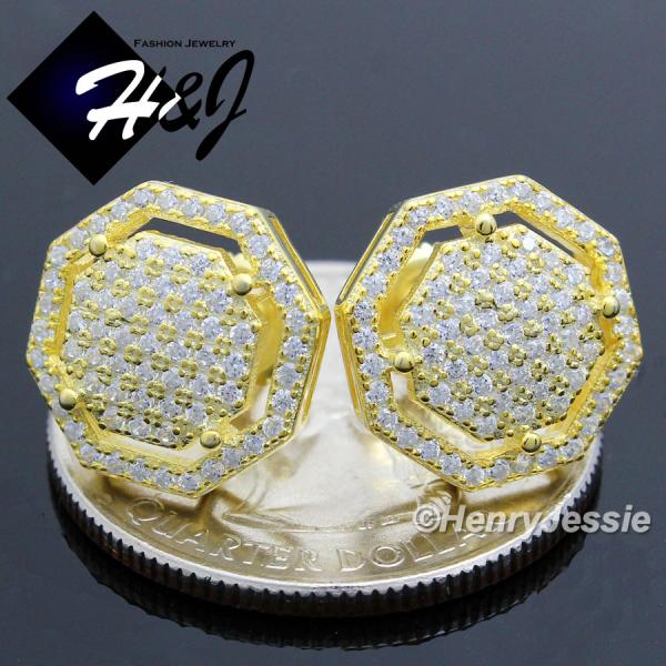 MEN 925 STERLING SILVER 13X13MM OCTAGON LAB DIAMOND ICED BLING SCREW BACK GOLD STUD EARRING*GE76