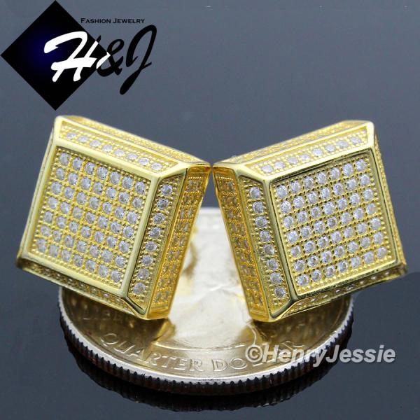 MEN 925 STERLING SILVER 12X12MM SQUARE LAB DIAMOND ICED BLING SCREW BACK GOLD STUD EARRING*GE77