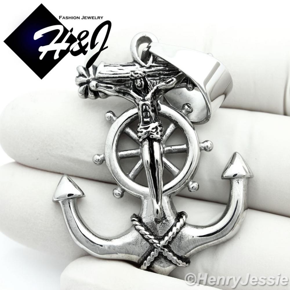 MEN's Stainless Steel Silver Black Anchor JESUS Cross Charm Pendant*P58
