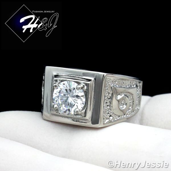 MEN's Stainless Steel Silver Tone 1CT Round Lab Diamond Bling Ring Size 7-13*R19