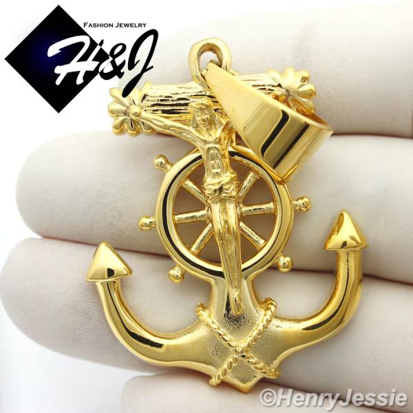 MEN's Stainless Steel Gold Anchor JESUS Cross Charm Pendant*GP58