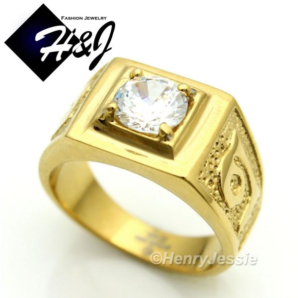 MEN's Stainless Steel Gold 1CT Round Lab Diamond Bling Ring Size 7-13*GR19