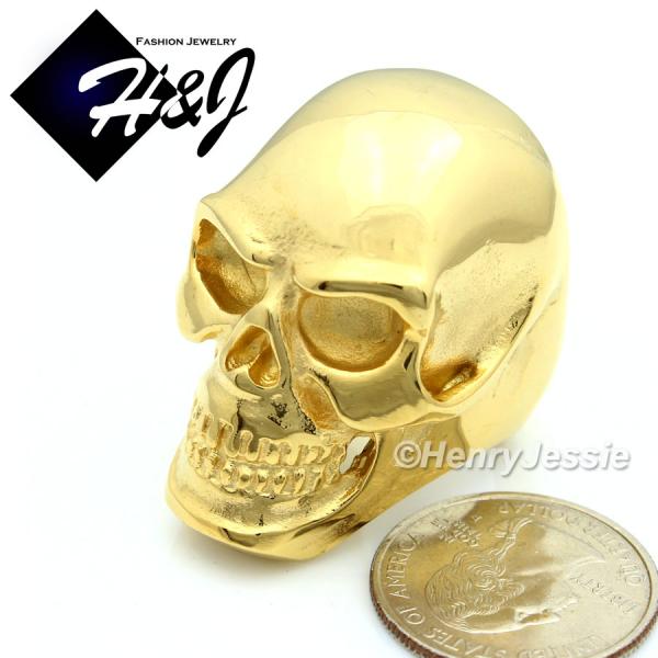 BIKER MEN Stainless Steel HUGE HEAVY Gold Tone Skull Face Ring Size 9-14*R76
