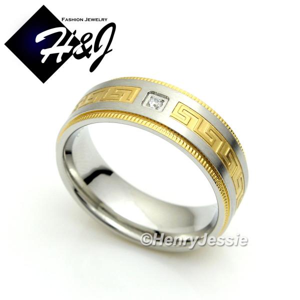 MEN Stainless Steel 8mm Silver Gold Eternity CZ Greek Key Wedding Band Ring*R78