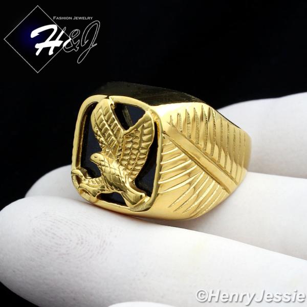 MEN's Stainless Steel Gold Black Onyx EAGLE Square Ring Size 8-13*GR79
