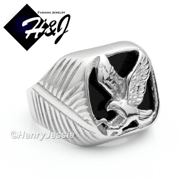 MEN's Stainless Steel Silver Black Onyx EAGLE Ring Size 8-13*R79