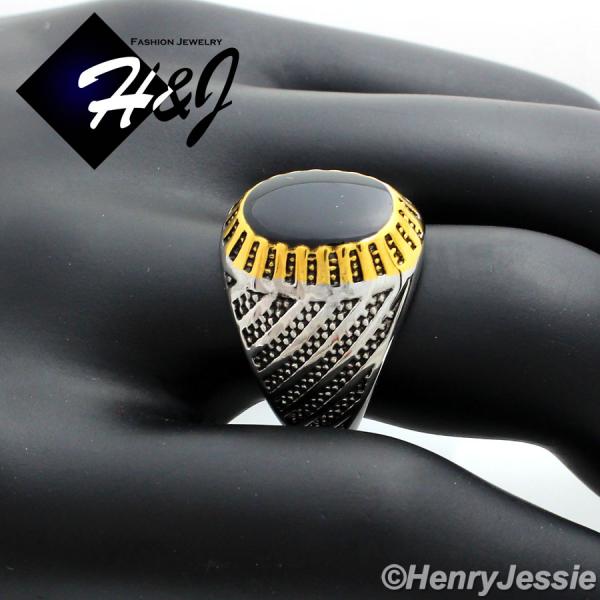 MEN's Stainless Steel Silver Gold Black Oval Onyx Ring Size 8-12*R80