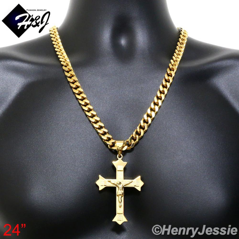 24"MEN Stainless Steel 9x4mm Gold Cuban Curb Chain Necklace Jesus Christ Cross Crucifix Pendant*GMJ28