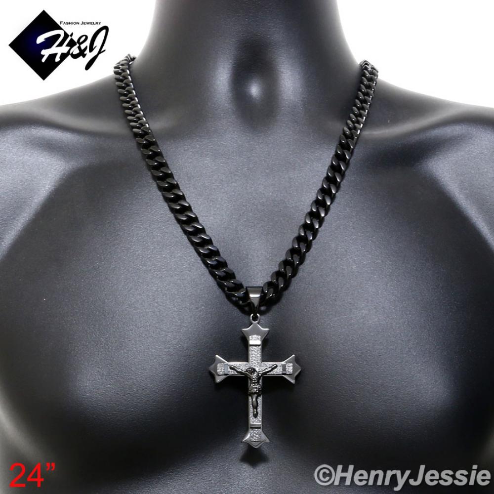 24"MEN Stainless Steel 9x4mm Black Cuban Curb Chain Necklace Jesus Christ Cross Crucifix Pendant*BMJ28