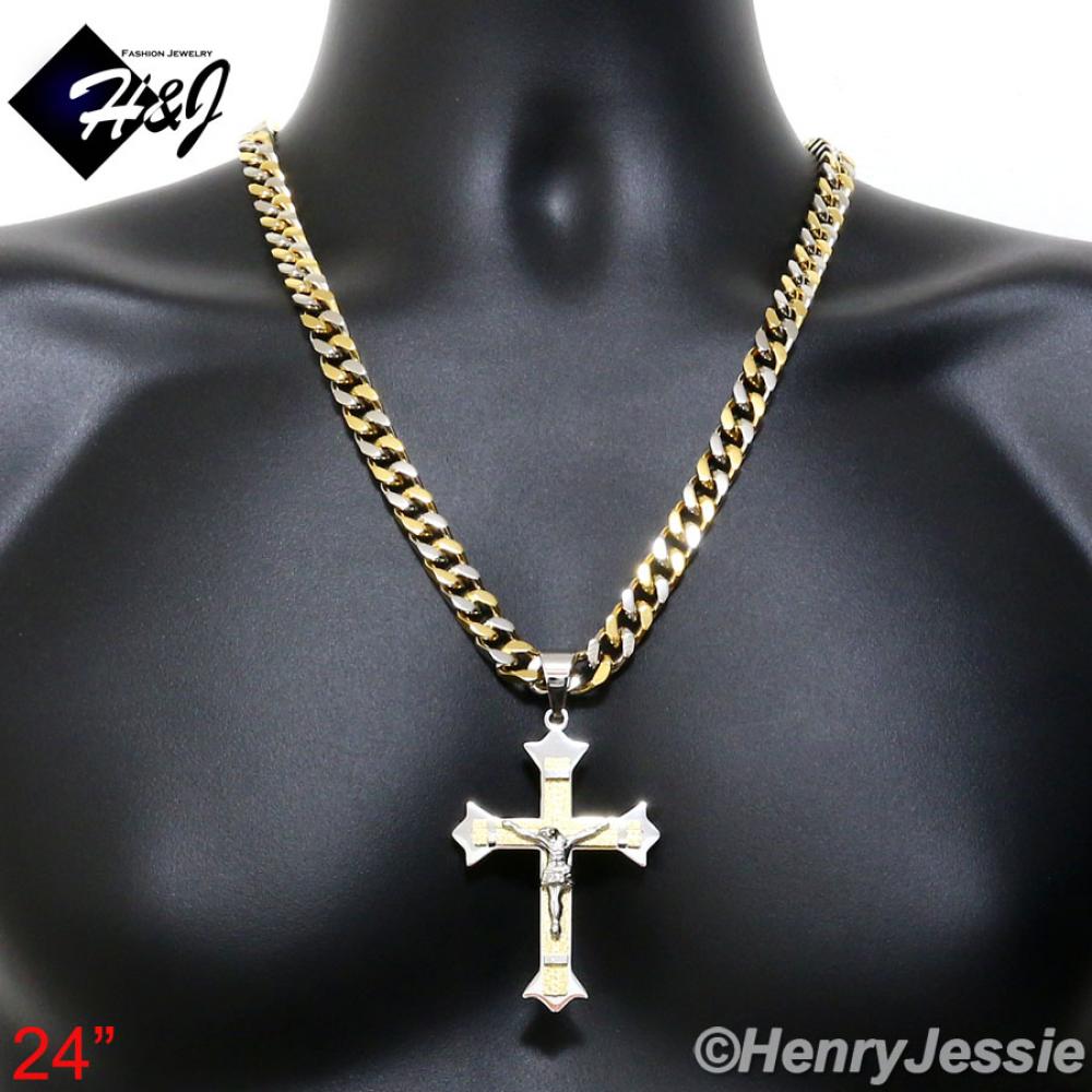 24"MEN Stainless Steel 9x4mm Gold/Silver Cuban Curb Chain Necklace Jesus Christ Cross Crucifix Pendant*GMJ28