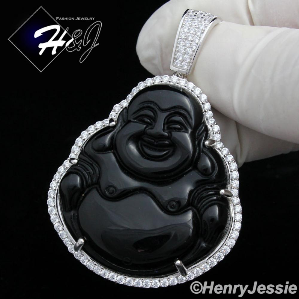 MEN 925 STERLING SILVER LAB DIAMOND ICED BLING BLACK ONYX BUDDHA PENDANT*SP148